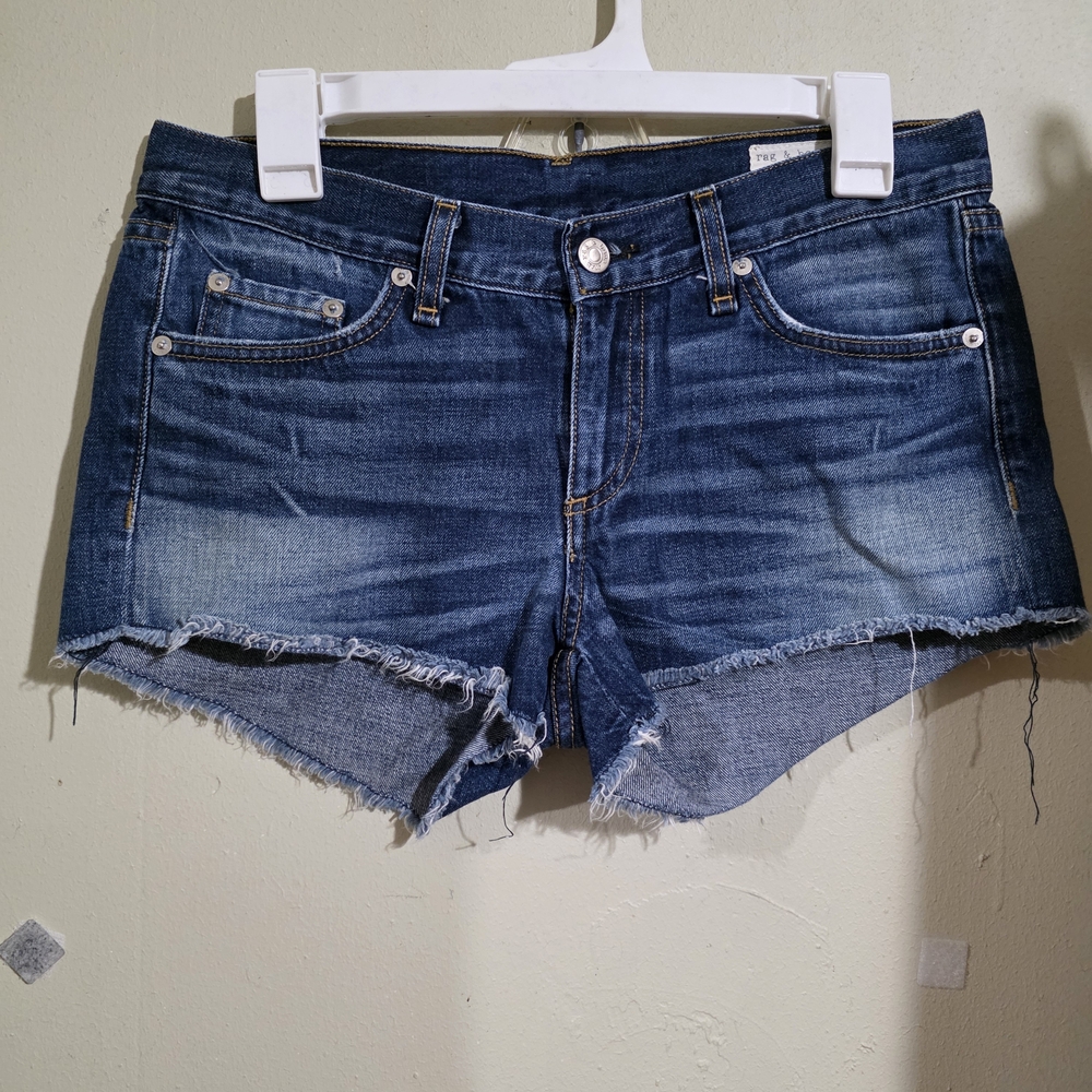 rag & bone Dark Blue Frayed Hem Jean Shorts
